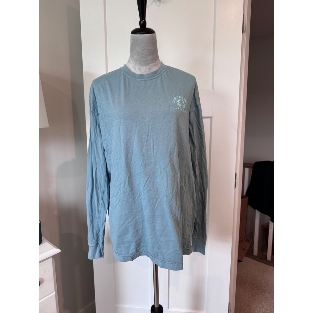 Cotton Heritage Harris Crab House Oysters Beer Long Sleeve Graphic Tee Blue L